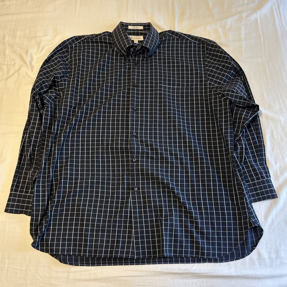John W. Nordstrom Men's Dress Shirt Button Collar Blue Windowpane Plaid XXL 2XL
